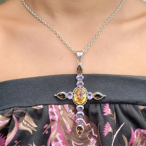 NICKY BUTLER NB 925 Sterling Silver Amethyst Smoky Quartz Cross Pendant Necklace - Picture 2 of 12